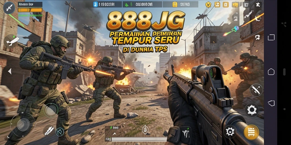 Screenshot gameplay <strong>888JG</strong> menunjukkan aksi tembak-menembak yang mendebarkan di arena perang.