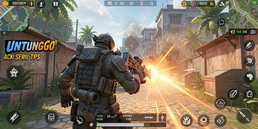 Tampilan gameplay seru dalam UNTUNGGO dengan aksi tembak-menembak.